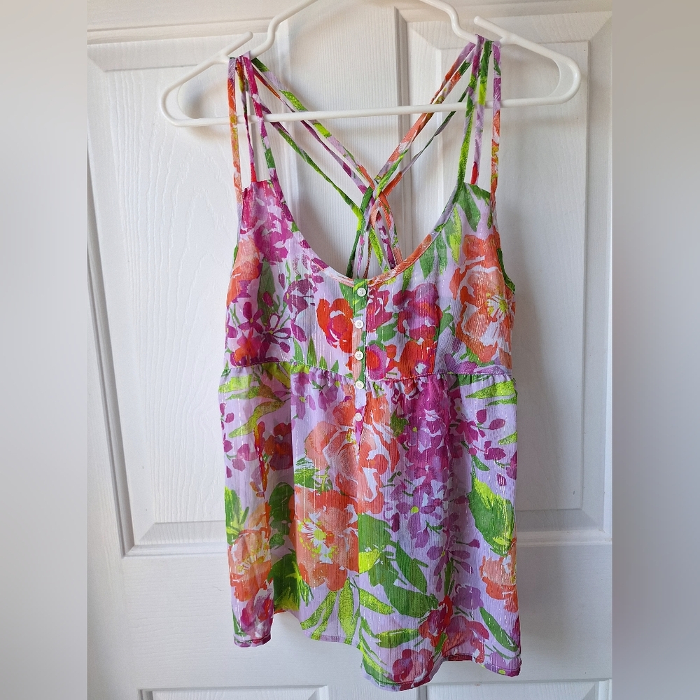 Aeropestale SM lightweight slightly sparkly floral top with woven back straps.